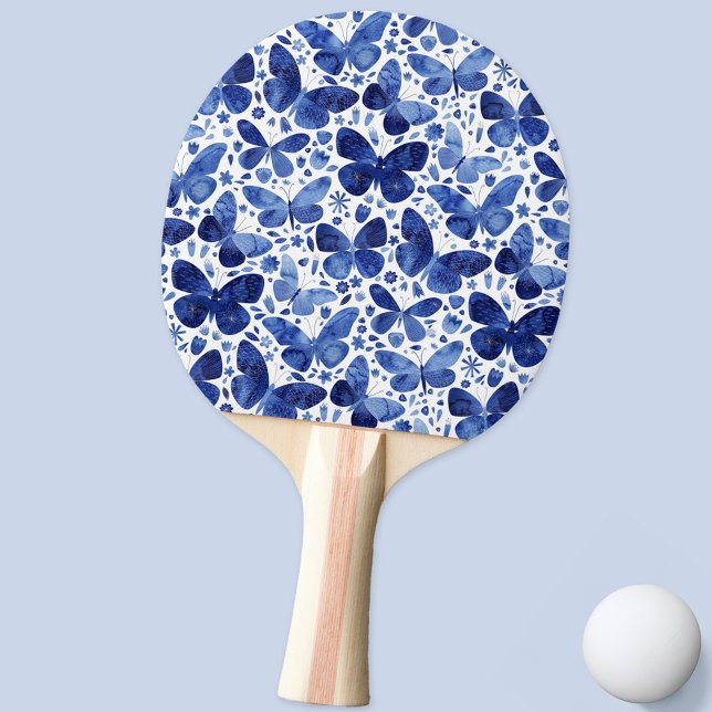 Raquete De Ping Pong Borboleta Aquarela Azul (Watercolor butterfly pattern blue and white ping pong paddle)