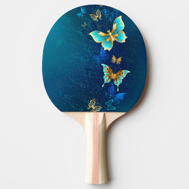 Raquete De Ping Pong Borboletas de ouro em um fundo azul (Frente)