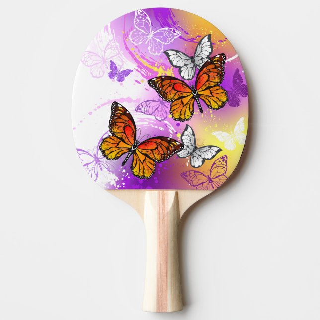 Raquete De Ping Pong Borboletas Monarcas em Fundo Roxo (Frente)