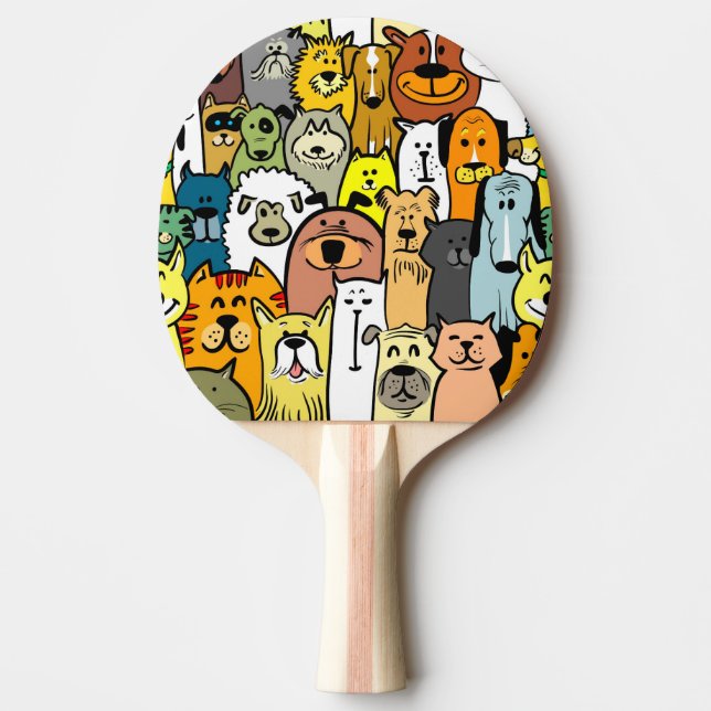 Raquete De Ping Pong Cães e gatos ilustrados (Frente)