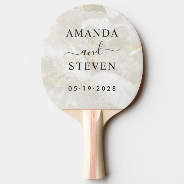 Raquete De Ping Pong Calacatta Gold Couple Names with Wedding Date (Verso)
