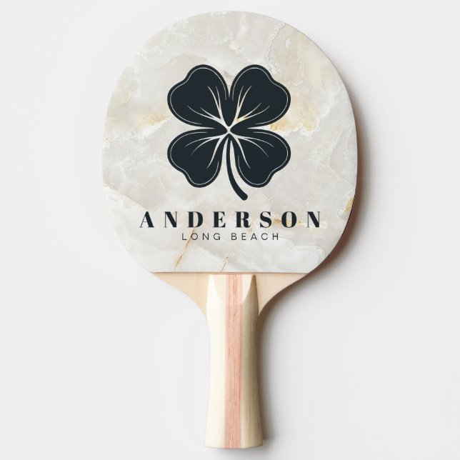 Raquete De Ping Pong Calacatta Gold Marble Four Leaf Clover with Name (Frente)