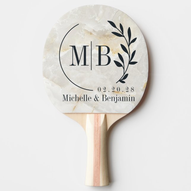 Raquete De Ping Pong Calacatta Gold Marble Stone Leaf Wedding Monogram (Frente)