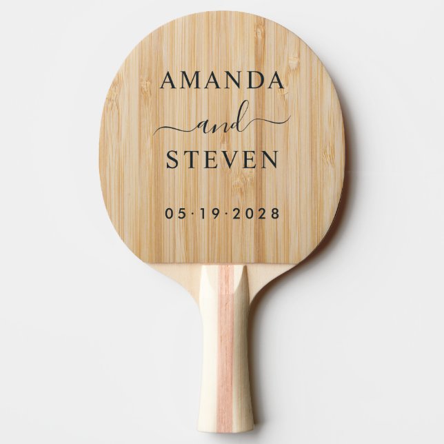 Raquete De Ping Pong Casais de Bambu Branco Nomes com Data de Casamento (Verso)