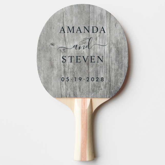 Raquete De Ping Pong Casal de Madeira Cinza com Data de Casamento (Frente)