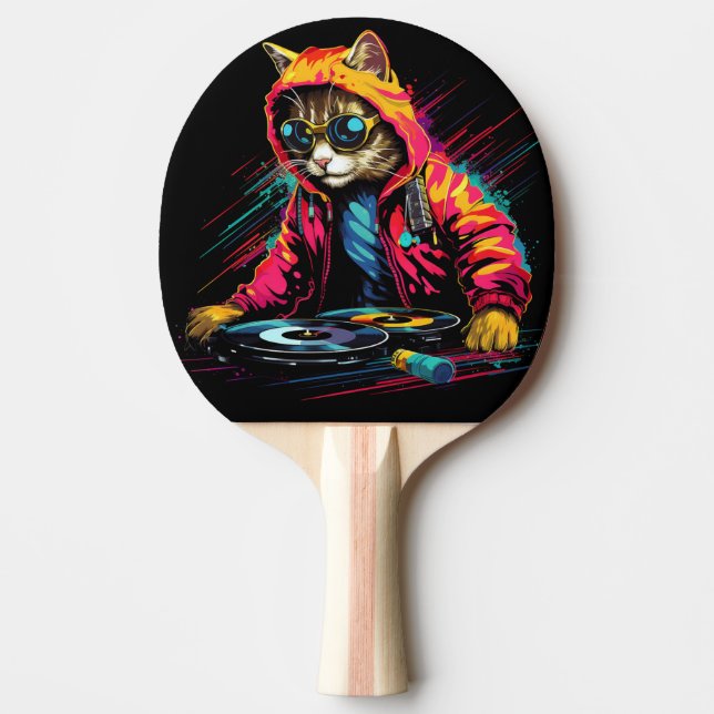 Raquete De Ping Pong Cat Neon DJ com Fones de ouvido (Frente)