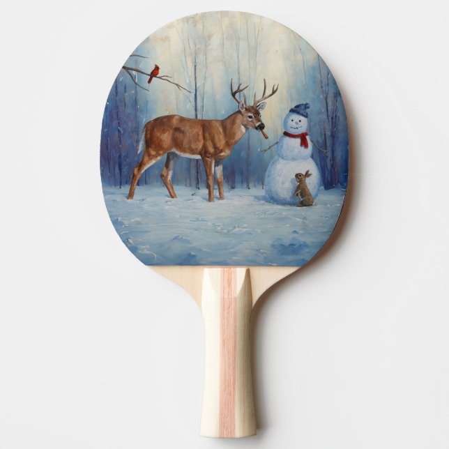 Raquete De Ping Pong Cena de Férias de Inverno Deer e Happy Snowman (Frente)