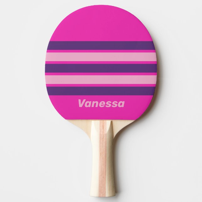 Raquete De Ping Pong Céu Rosa Retrô Através da Faixa com Nome (Frente)