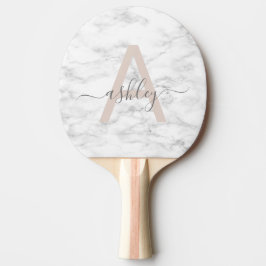 Raquete De Ping Pong Chic Blush White Marble Script Name Monogramo