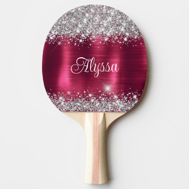 Raquete De Ping Pong Chic Glittery Burgundy Glam Name (Frente)