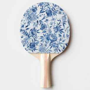 Raquete De Ping Pong Chinoiserie Azul Floral Botânico em Aquarela