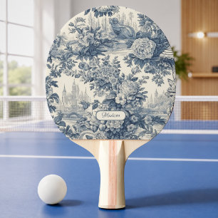 Raquete De Ping Pong Chique floral vintage monograma azul toile de jouy