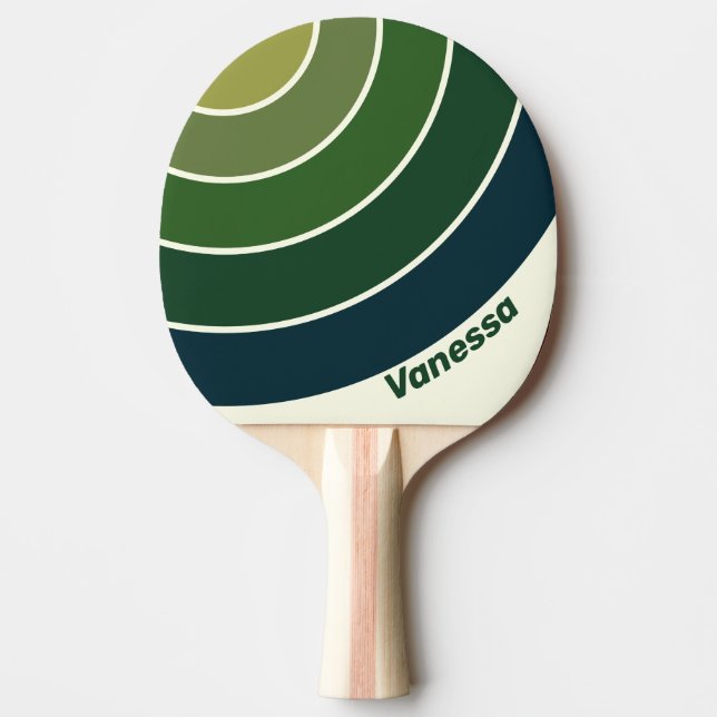 Raquete De Ping Pong Cinco Listras em Círculo Verde Retro com Nome (Frente)