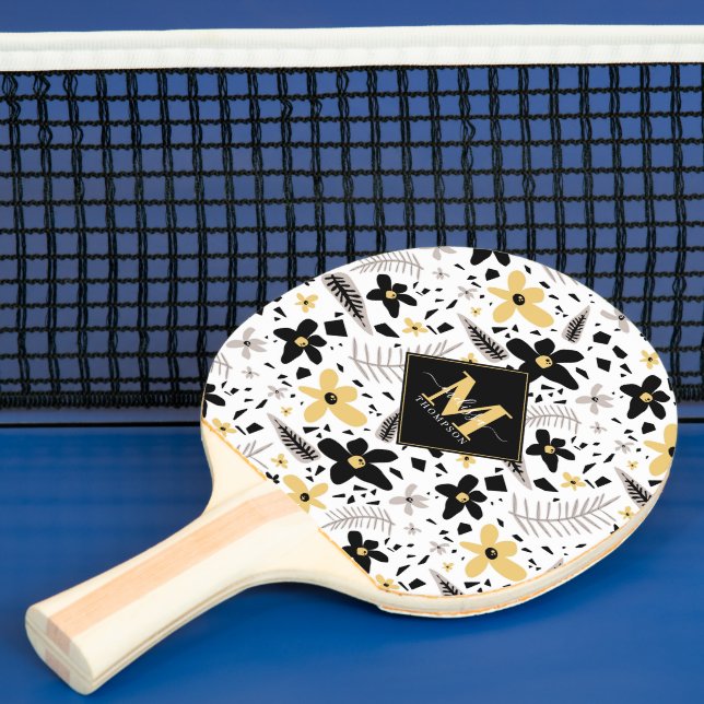 Raquete De Ping Pong Cinza Amarelo-abstrato preto Monograma de  (Insitu)