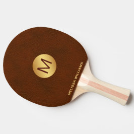 Raquete De Ping Pong Clássico Faux Brown Leather & Dourado Nome Inicial