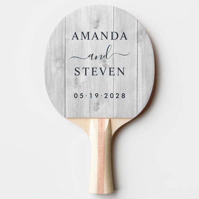 Raquete De Ping Pong Clean Light Gray Couple Names with Wedding Date (Verso)