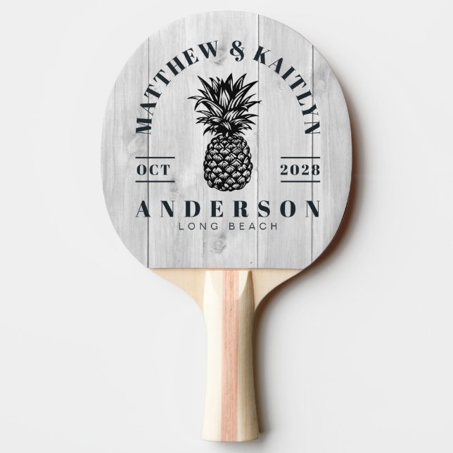 Raquete De Ping Pong Clean Light Gray Tropical Pineapple Wedding Crest (Verso)