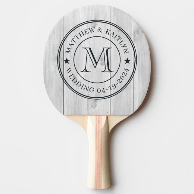 Raquete De Ping Pong Clean Light Gray Wooden Wedding Monogram Star (Frente)