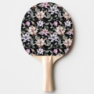 Raquete De Ping Pong Columbina Exótica: Negra Floral Watercolor.