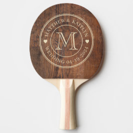 Raquete De Ping Pong Coração de Monograma de Casamento em Madeira de No