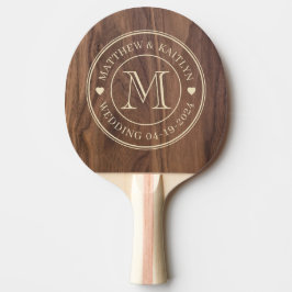 Raquete De Ping Pong Coração de Monograma de Casamento em Madeira de No