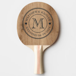 Raquete De Ping Pong Coração de Monograma de Casamento em Madeira de Te