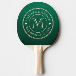 Raquete De Ping Pong Coração de Monograma de Casamento Verde Esmeralda