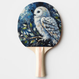 Raquete De Ping Pong Coruja Branca em Ramificação em Pintura à Lua