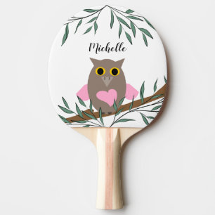 Raquete De Ping Pong Coruja Cor-De-Rosa Bonita Na Ramificação Persona