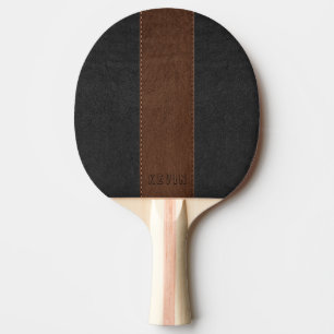 Raquete De Ping Pong Couro Elegante Vintage Preto e Marrom Costurado