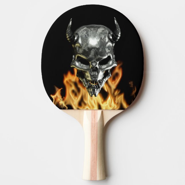Raquete De Ping Pong Cráneo de Demônio de Metal Chrome em Chamas (Frente)