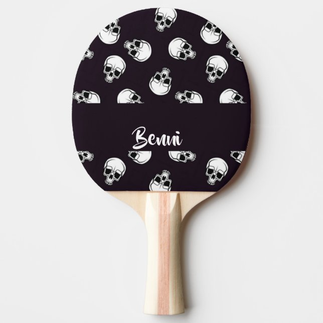 Raquete De Ping Pong Crânios brancos sobre padrão roxo (Frente)