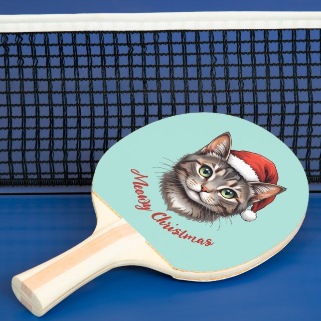 Raquete De Ping Pong Custom Cute Christmas Cat with Santa Hat (Insitu)