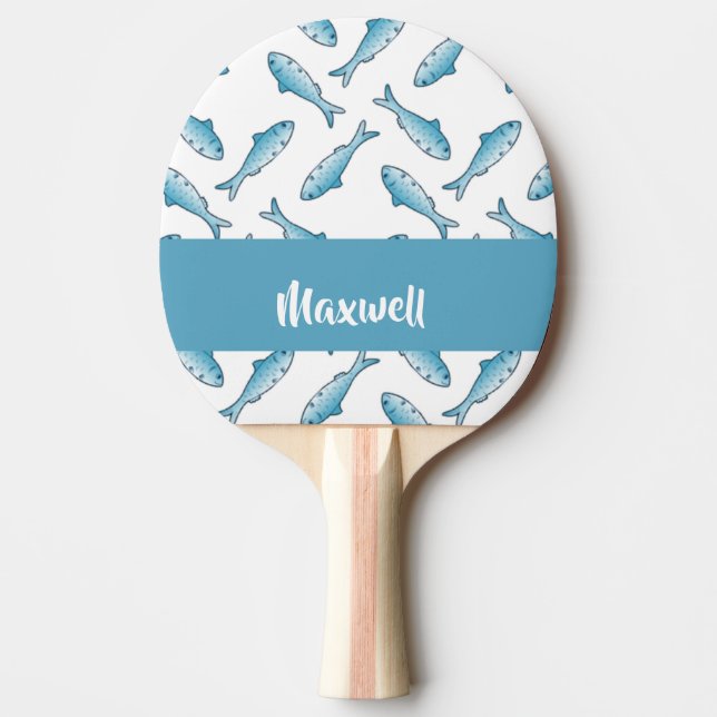 Raquete De Ping Pong Custom name blue fish on white (Frente)