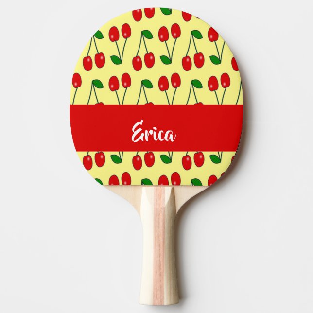 Raquete De Ping Pong Custom name red cherries on yellow (Frente)