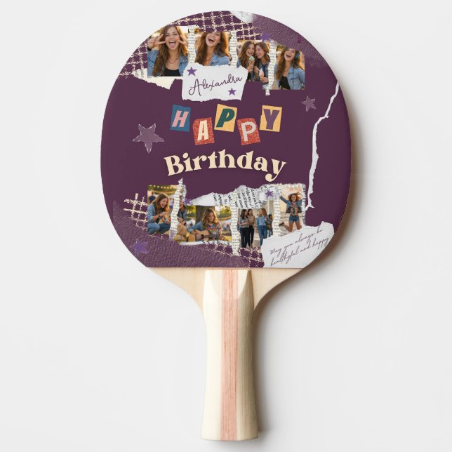 Raquete De Ping Pong Custom Purple Scrapbook Birthday Photo Collage (Frente)