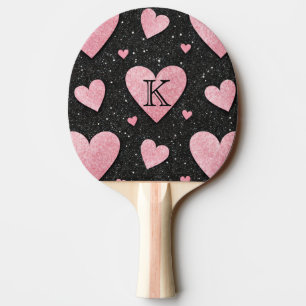 Raquete De Ping Pong Cute Glam Corações Rosa em Monograma de Brilho Pre