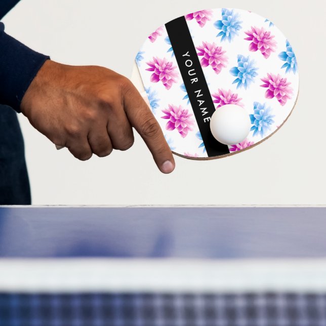 Raquete De Ping Pong Dahlia Rosa e Azul, Padrão Floral, Seu Nome (Insitu)