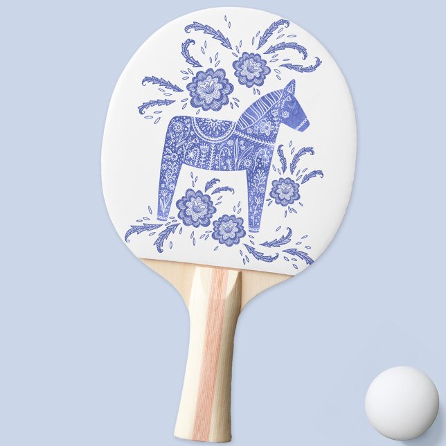 Raquete De Ping Pong Dala Horse Indigo Blue FolArt (Swedish Dala Horse blue and white folk art ping pong paddle)