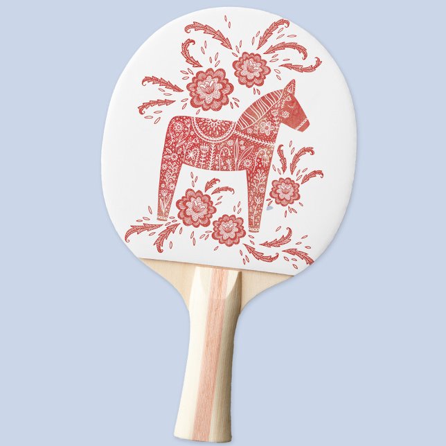 Raquete De Ping Pong Dala Horse Red and White FolArt (Swedish Dala Horse folk art ping pong paddle)