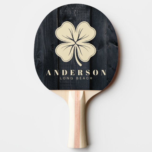Raquete De Ping Pong Dark Burnt Wood Four Leaf Clover with Name (Verso)