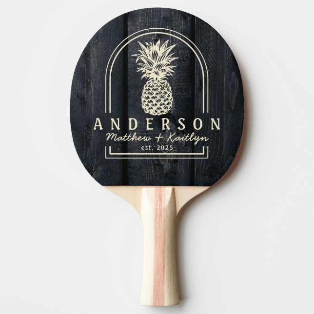 Raquete De Ping Pong Dark Burnt Wood Pineapple Wedding Arch & Name (Frente)