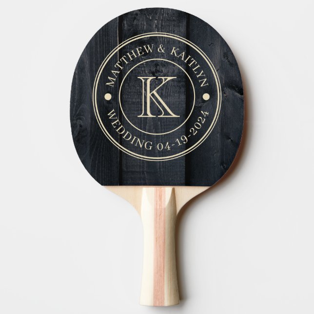 Raquete De Ping Pong Dark Burnt Wood Wedding Monogram (Verso)