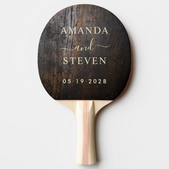 Raquete De Ping Pong Dark Chopping Block Couple Names with Wedding Date (Verso)
