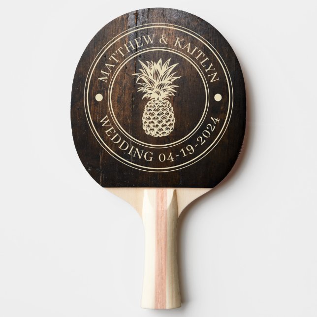 Raquete De Ping Pong Dark Chopping Block Pineapple Wedding Crest & Name (Frente)