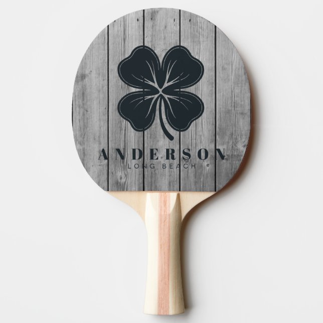Raquete De Ping Pong Dark Clean Gray Wood Four Leaf Clover with Name (Verso)