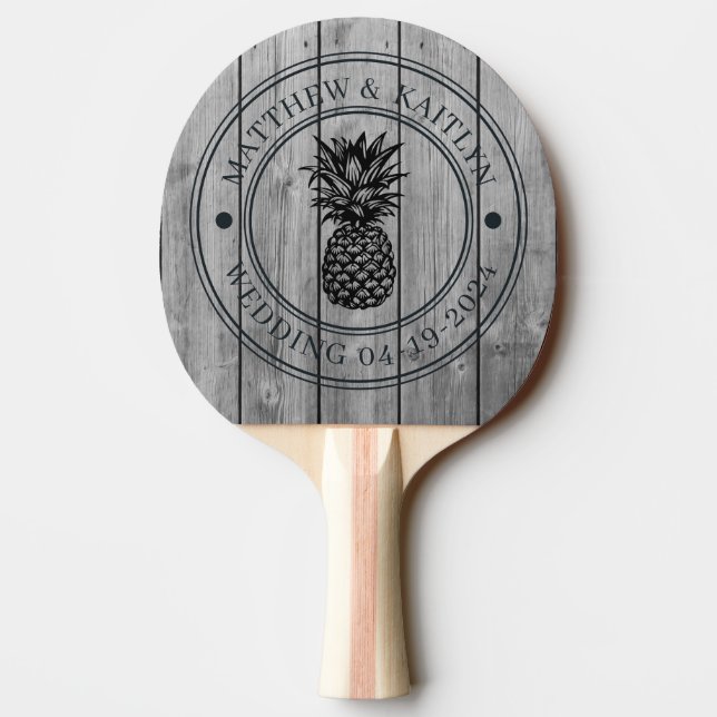 Raquete De Ping Pong Dark Clean Gray Wood Pineapple Wedding Crest &Name (Verso)