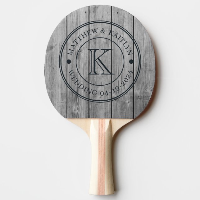 Raquete De Ping Pong Dark Clean Gray Wood Wedding Monogram (Verso)