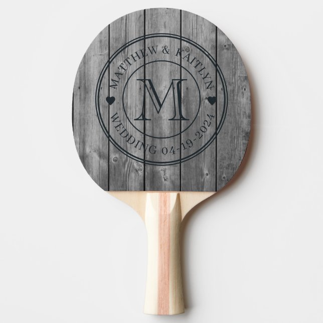 Raquete De Ping Pong Dark Clean Gray Wood Wedding Monogram Heart (Frente)
