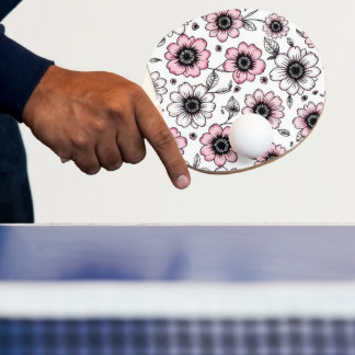 Raquete De Ping Pong Desenho de esboço de flores e folhas cor-de-rosa